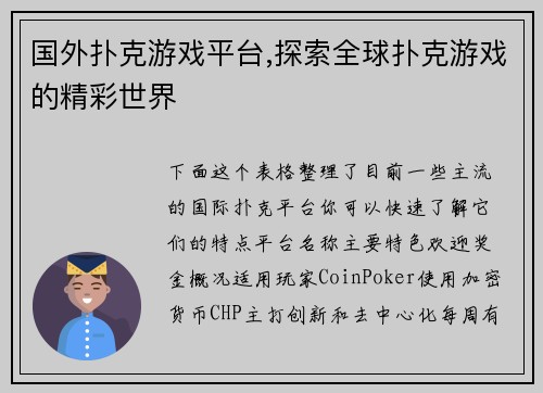 国外扑克游戏平台,探索全球扑克游戏的精彩世界